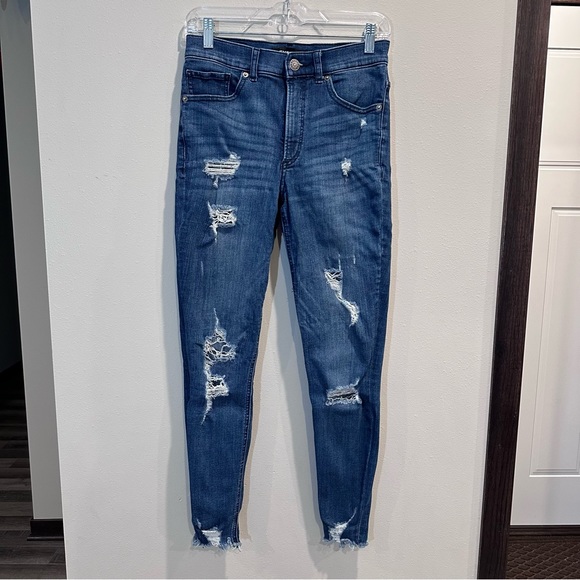 Express High Waisted Denim Perfect Stretch Ripped Ankle Skinny Jeans 4 Regular - Picture 2 of 16